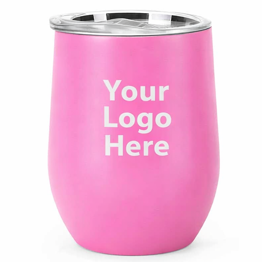 Pink tumbler with 'Your Logo Here' text on a white background