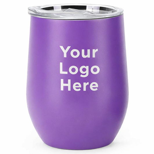 Purple tumbler with 'Your Logo Here' text on a white background