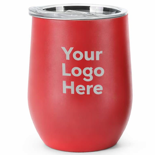 Red insulated tumbler with 'Your Logo Here' text on a white background