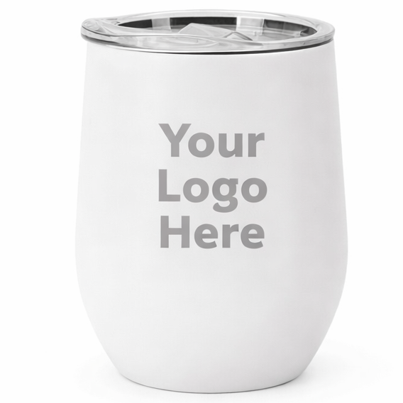 White tumbler with a silver rim on a white background