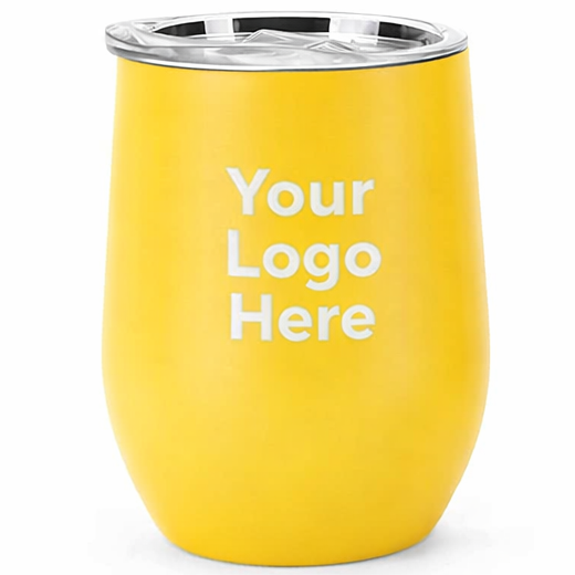 Yellow tumbler with 'Your Logo Here' text on a white background